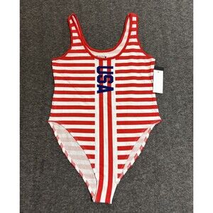 Isaac Morris Women’s Bodysuit Blouse Stripped USA Print Red Medium